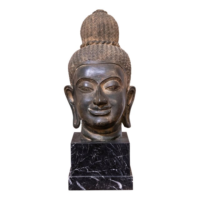 Ancient Buddha Head Sculpture, 19th Century, Bronze and Marble For Sale