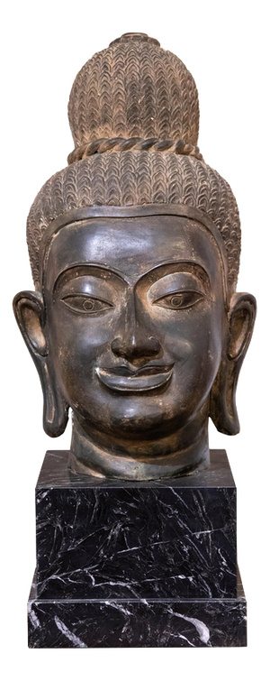 Ancient Buddha Head Sculpture, 19th Century, Bronze and Marble