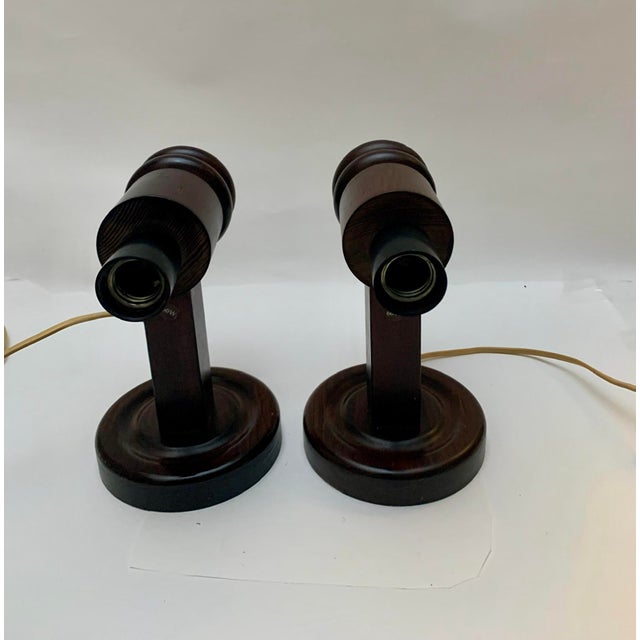 Set of Swedish Modern stained Pine Wood Wall Lamps made by Solbackens Svarveri in the 1970s.