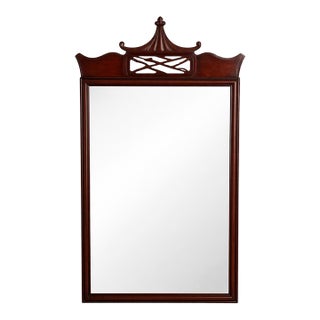 Vintage Chinoiserie Pagoda Crest Mahogany Wall Mirror With Fretwork Panel – Mid Century Hollywood Regency For Sale