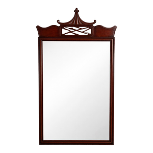 Vintage Chinoiserie Pagoda Crest Mahogany Wall Mirror With Fretwork Panel – Mid Century Hollywood Regency