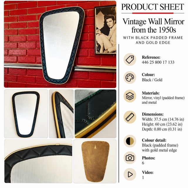 Metal Vintage Black Quilted Vinyl Wall Mirror with Gilt Trim, 1950s For Sale - Image 7 of 8