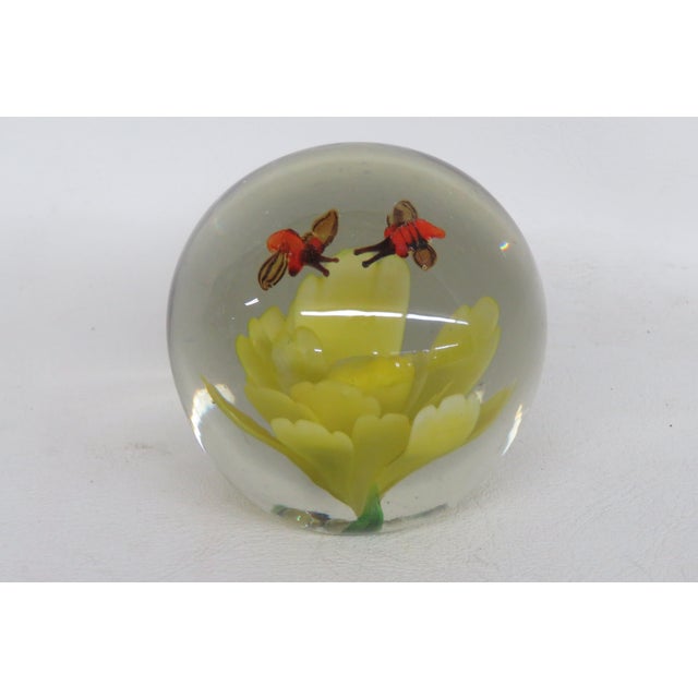 Abstract Silvestri Handcrafted Art Glass Paperweight Orange Bugs on a Yellow Flower 4516b For Sale - Image 3 of 12