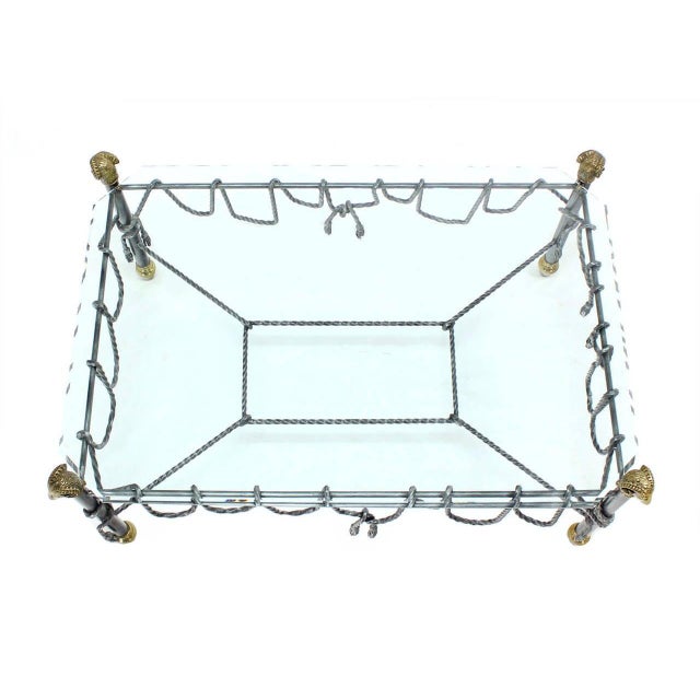 Mid-Century Modern Ornate Wrought Iron Brass Ram Head Motive Glass Top Rectangle Coffee Table For Sale - Image 3 of 9