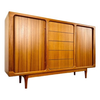 1970s Mid Century Danish Modern Teak Tambour Door Tall Credenza by Sun Cabinet Thailand For Sale