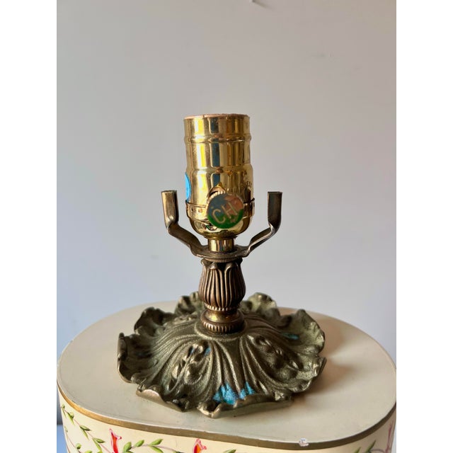 Wood Vintage Chelsea House Hand Painted Topiary and Ribbon Bow Table Lamp With Brass Accents For Sale - Image 7 of 10