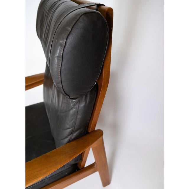 Set of Easy Chair with Stool in Teak Upholstered with Black Leather by Arne Vodder for Komfort For Sale - Image 6 of 10