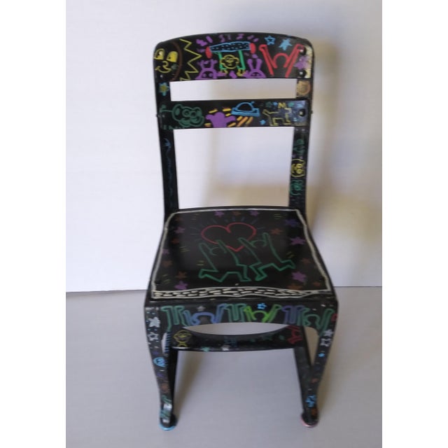 What Fun! An antique child's school desk chair hand painted in the style of the late pop artist Keith Haring. Keith Allen...