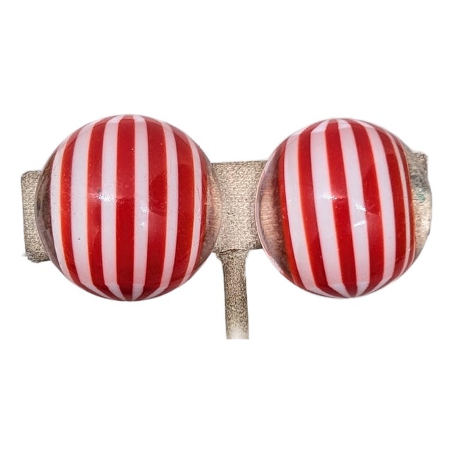 Vintage 1970s Signed Crown Trifari Round Domed Clear, Red & White Striped Clip Earrings-2 Pieces For Sale