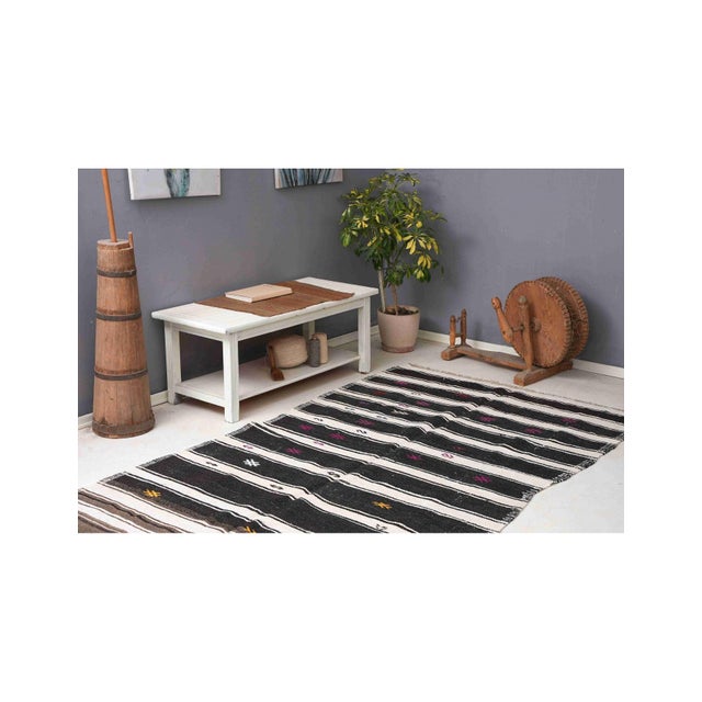 Black White Striped Hemp Kilim Rug - 5`1" X 9`2" For Sale - Image 4 of 6