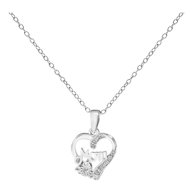 .925 Sterling Silver Diamond Accent Mom with Heart Pendant Necklace (J-K Color, I2-I3 Clarity) - 18" Inches For Sale