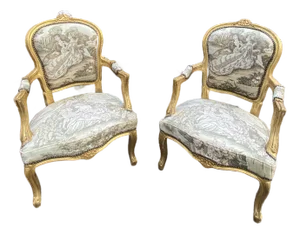 Vintage French Louis XV Style Gold Giltwood Tapestry Arm Chairs- a Pair