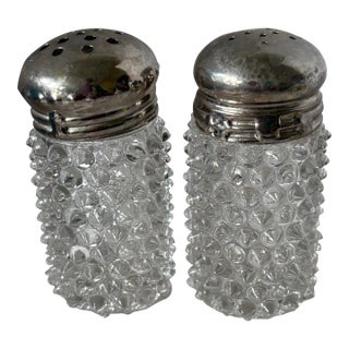 Vintage Clear Hobnail Glass Salt and Pepper Shakers Set, Mid-Century Modern Pressed Glass Tableware With Chrome Metal Lids, Farmhouse Kitchen Decor For Sale