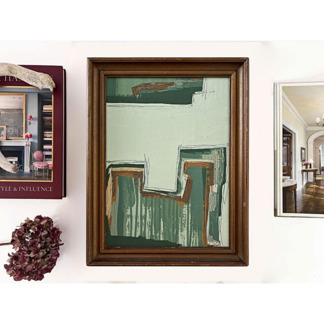 Contemporary “Cabin Fern" Green Abstract Art in Antique Frame, Transitional Living Room Art by JTS For Sale - Image 3 of 8