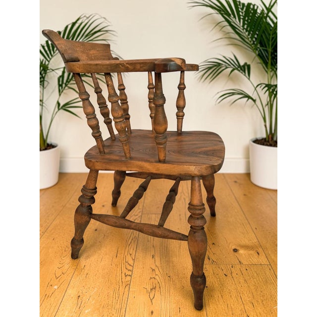 Antique Victorian Smokers Bow Armchair in Beech & Elm, 1880s For Sale - Image 9 of 18