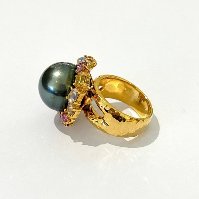 Bochic "Orient" Tahiti Pearl & Multi Color Sapphire Ring Set 18K Gold & Silver For Sale - Image 17 of 18