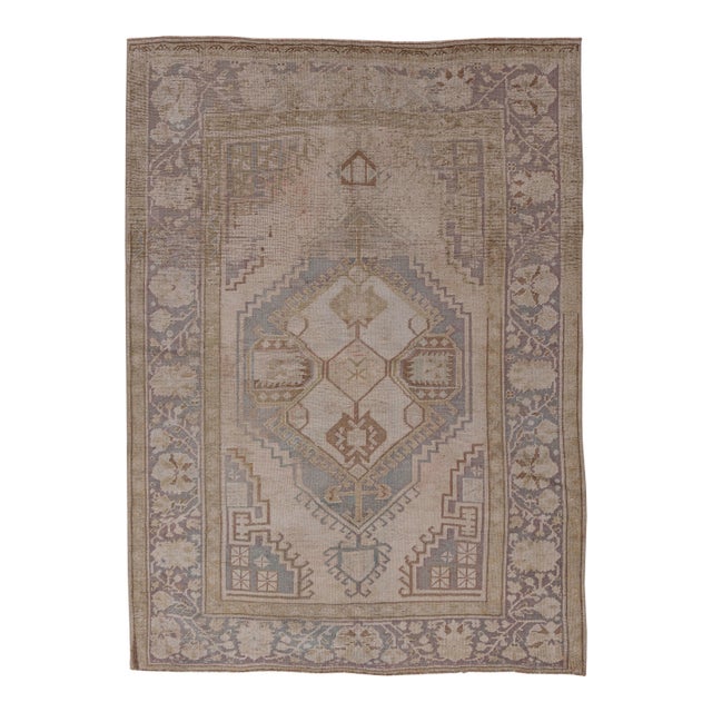 Vintage Circa 1940 Taupe Distressed Turkish Oushak Hand Knotted Wool Rug 4ft 1in X 6ft 9in For Sale
