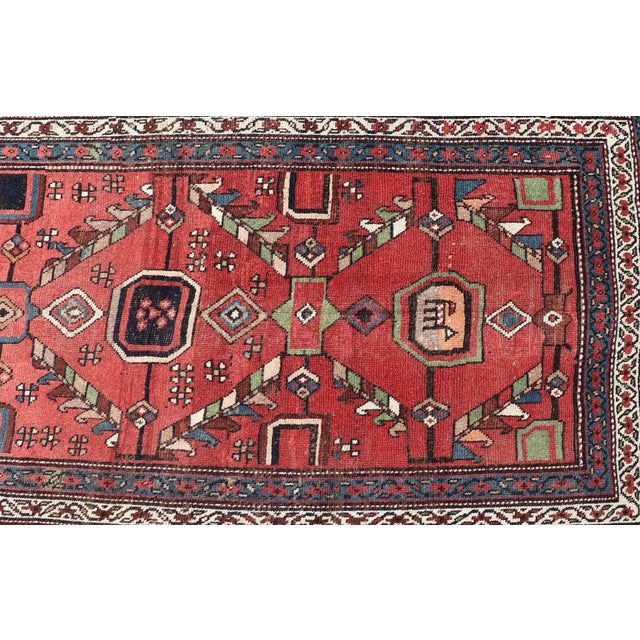 Red Kurdish Antique Runner in Vibrant Red Background and Multi-Tiered Border 3'3 X 14'1 For Sale - Image 8 of 12