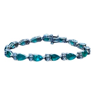 9 Ct Natural Brazil Emerald & Diamond Tennis Bracelet 14 Karat Yellow Gold 7 " For Sale