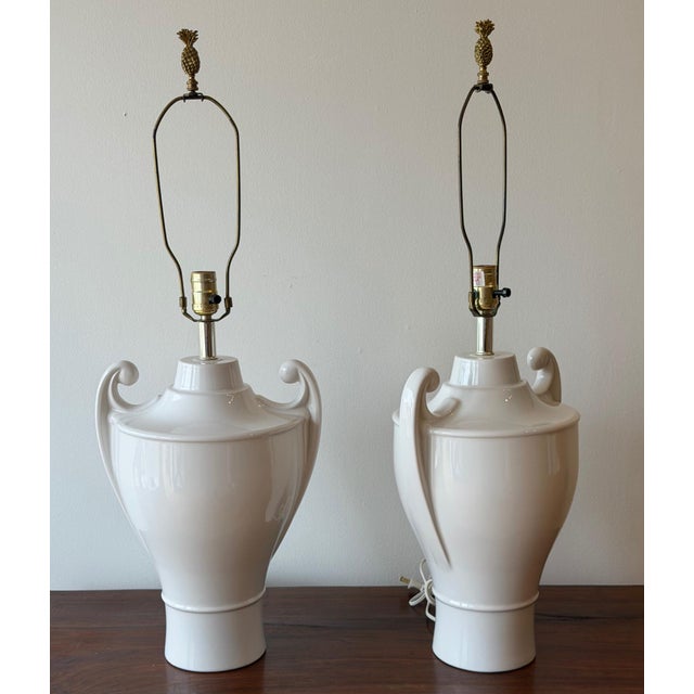 Vintage White Glazed Ceramic Urn Lamps - a Pair For Sale - Image 4 of 6