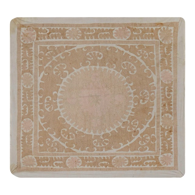 Minimal Neutral Suzani Textile, Beige Uzbek Table Cover Decor 4'4'' X 4'4'' For Sale