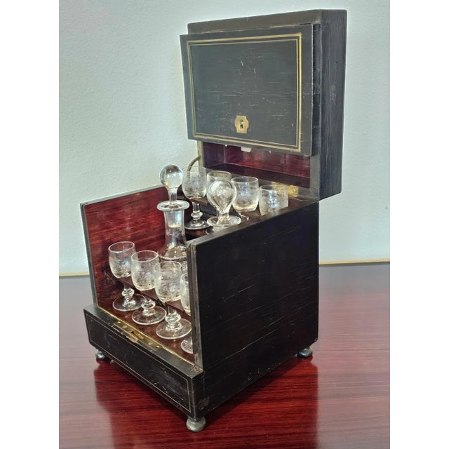 19th Century French Napoleon III Second Empire Period Ebonized Wood Brass Cave a Liqueur With Crystal Decanter & Cordial Glass Set For Sale - Image 11 of 12