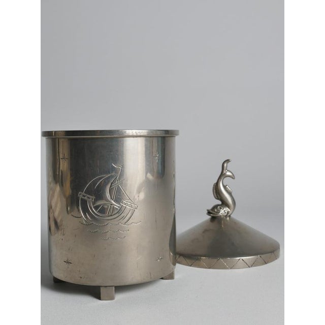 Swedish Pewter Lidded Jar with Sculptural Fish Finial and Ship Engraving, 1928 For Sale - Image 13 of 18