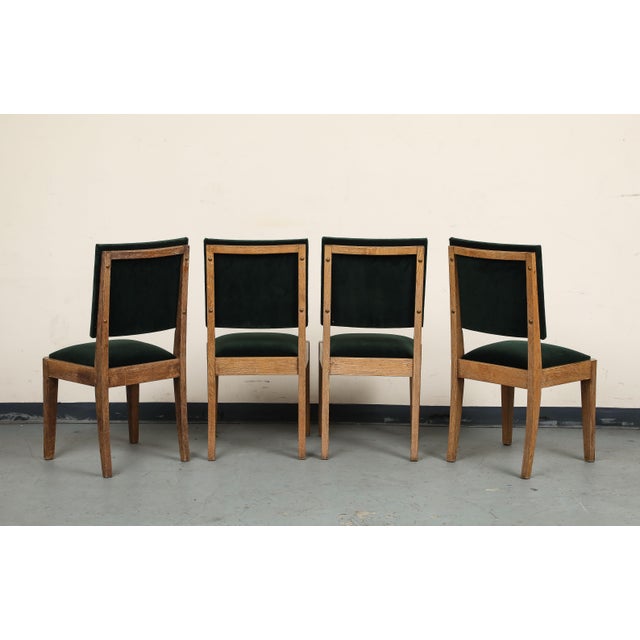 Forest Green Set of Eight French Oak Dining Chairs in Forest Green Cotton Velvet, C. 1945 For Sale - Image 8 of 18