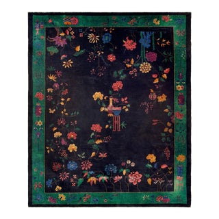 1920s Navy Blue Antique Floral Vase Modern Chinese Classic European Art Deco Rug For Sale