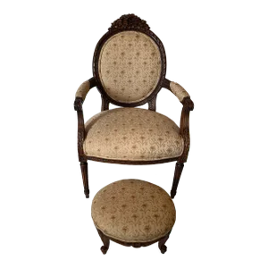 French Antique Carved Wood & Upholstered Armchair and Ottoman -A Set