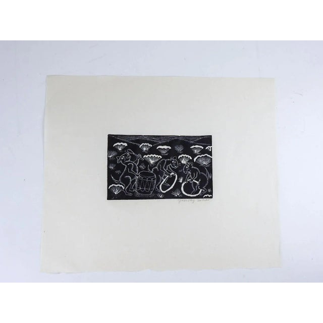 Modern Vintage Mid 20th Century Jose Rey Hoop Dancing Rats Woodcut For Sale - Image 3 of 3