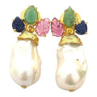 Bochic “Orient” Pearl, Emerald, Ruby & Sapphire Earrings Set 18k Gold & Silver - 2 Pieces For Sale