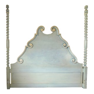 Vintage Mid Century Youngsville Star Blue & White Wood Barley Twist King Size Headboard For Sale
