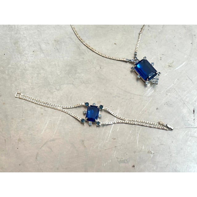 1950s Blue Rhinestone/Silver Tone Jewelry Set W/ Necklace, Earrings & Bracelet For Sale - Image 4 of 7
