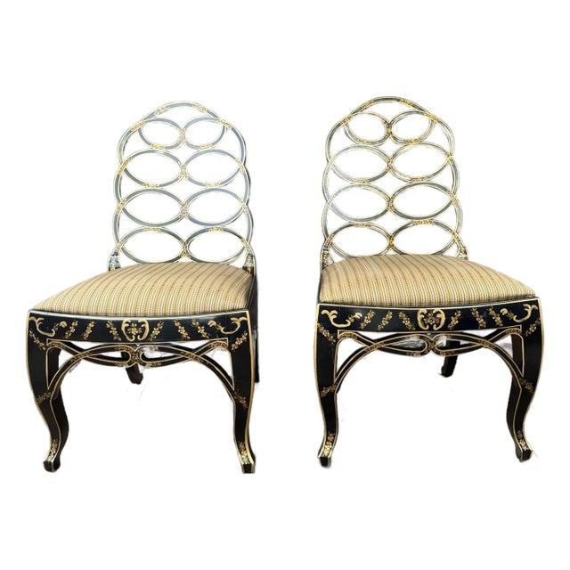 Pair of Century Furniture Black & Gold Chinoiserie Side Chairs For Sale