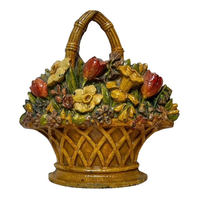 Early 20th Century Painted Cast Iron Flower Basket Doorstop For Sale