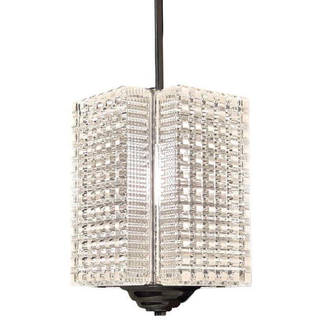 Mid 20th Century Rectangular 4 Panel Architectural Lantern, Art Glass, Polished Nickel & Chrome Stem For Sale In New York - Image 6 of 14