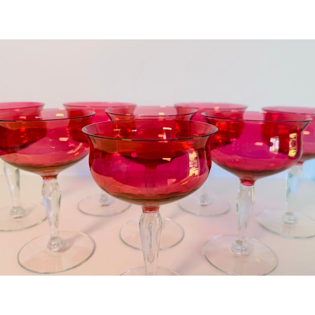 Vintage 1960s Cranberry Iridescent Glass Coupe Stems, Set of 8 For Sale - Image 4 of 7