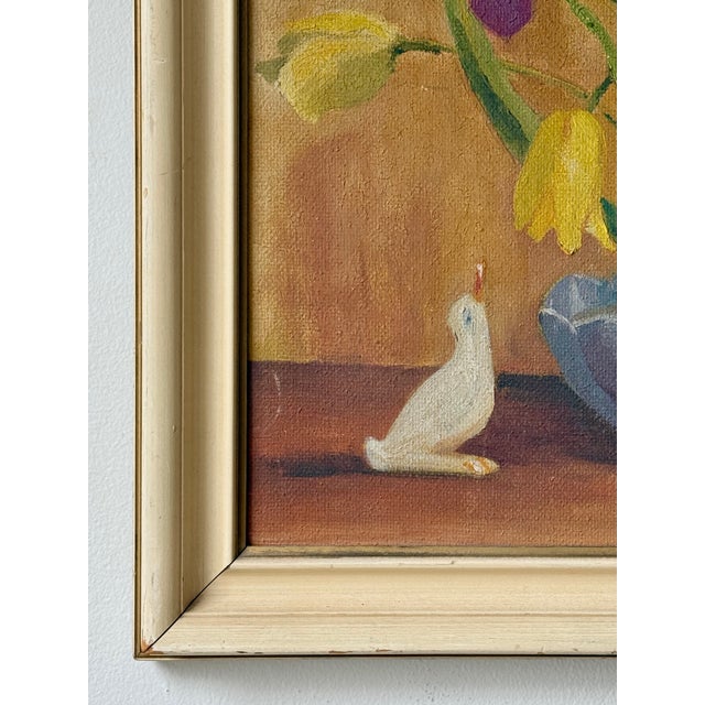 Paint Early 20th Century Art Deco Still Life of Irises and Tulips With Bird, Oil on Board, Framed For Sale - Image 7 of 13
