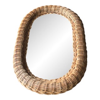 Vintage Small Oval Boho Natural Wicker Wall Mirror-C. 1970s For Sale