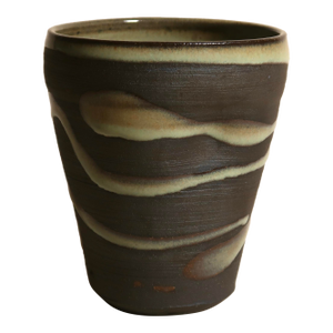 Signed Handmade Studio Pottery Cup With Abstract Green Drip Glaze on Dark Clay