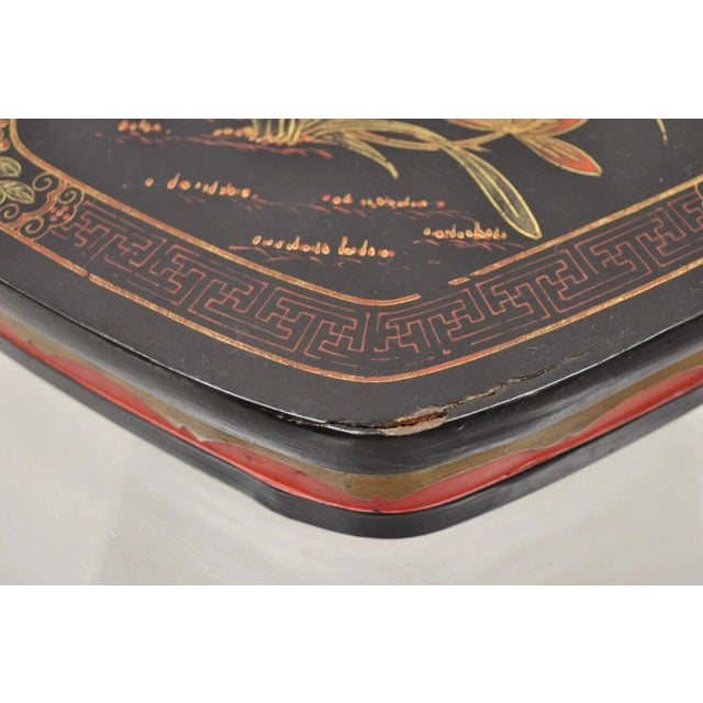 Wood Vintage Chinese Black & Red Lacquer Floral Painted Lidded Wooden Tea Caddy Box For Sale - Image 7 of 11