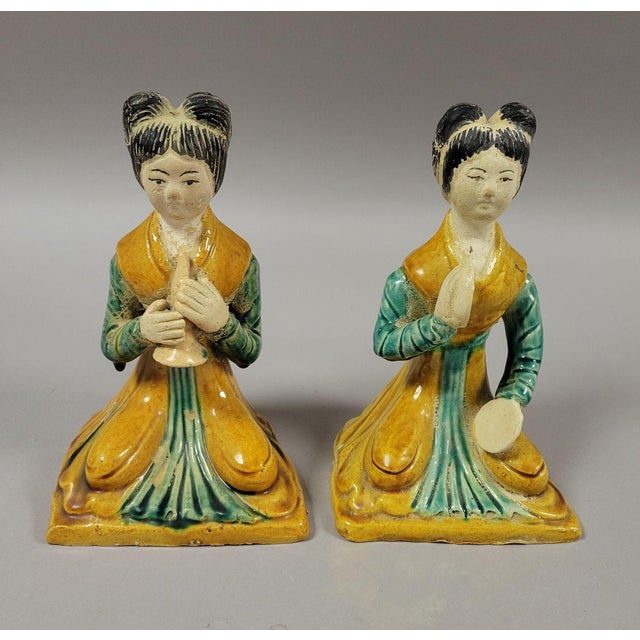 Ceramic Vintage Chinese Glazed Pottery Seated Female Musicians Figurines Statues For Sale - Image 7 of 8