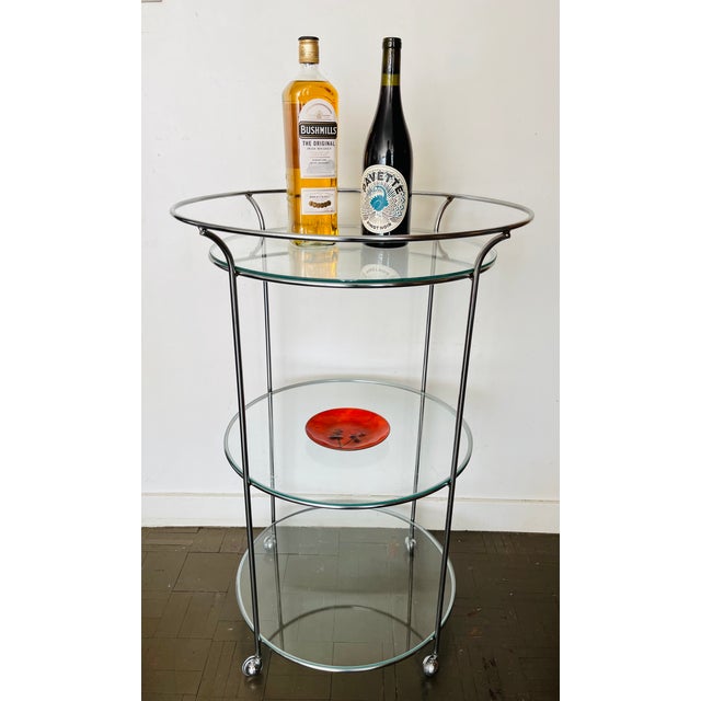 Mid-Century Modern Vintage Mid Century Bar Cart 3 Tiered Chrome and Glass For Sale - Image 3 of 10