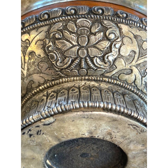 Silver Antique Tibetan Silver & Wood Jha Pho Tsampa Bowl – Buddhist Auspicious Decor For Sale - Image 8 of 15
