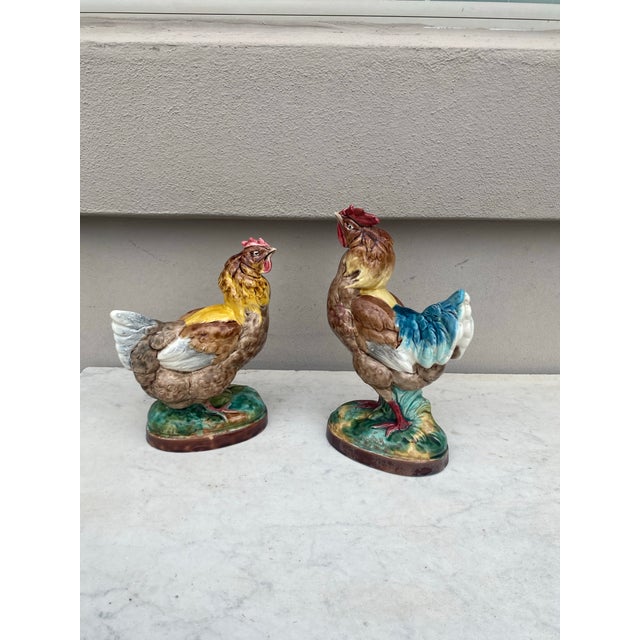French Majolica Rooster & Hen Circa 1890-A Pair For Sale - Image 4 of 8