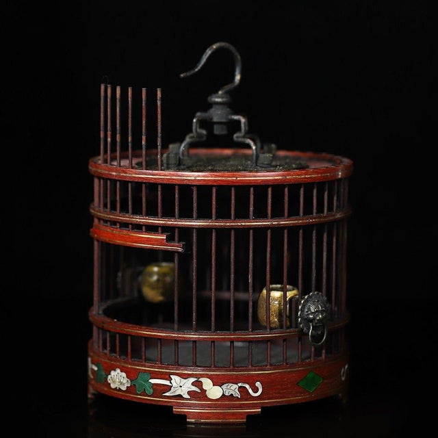 Chinese Vintage Chinese Hardwood Inlaid Cricket Cage With Bronze Hook and Feeder For Sale - Image 3 of 9