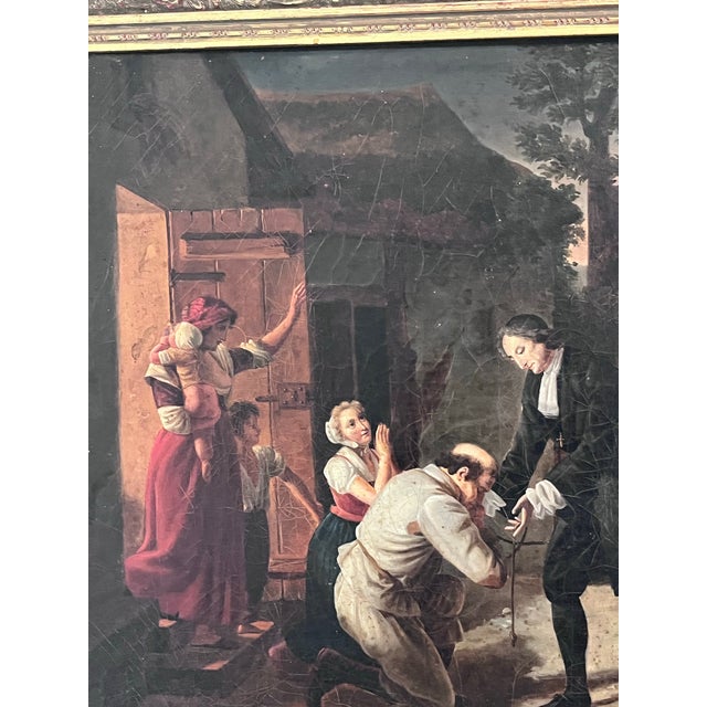 Textile Antique European Oil on Canvas Genre Painting in Ornate Carved Frame For Sale - Image 7 of 12
