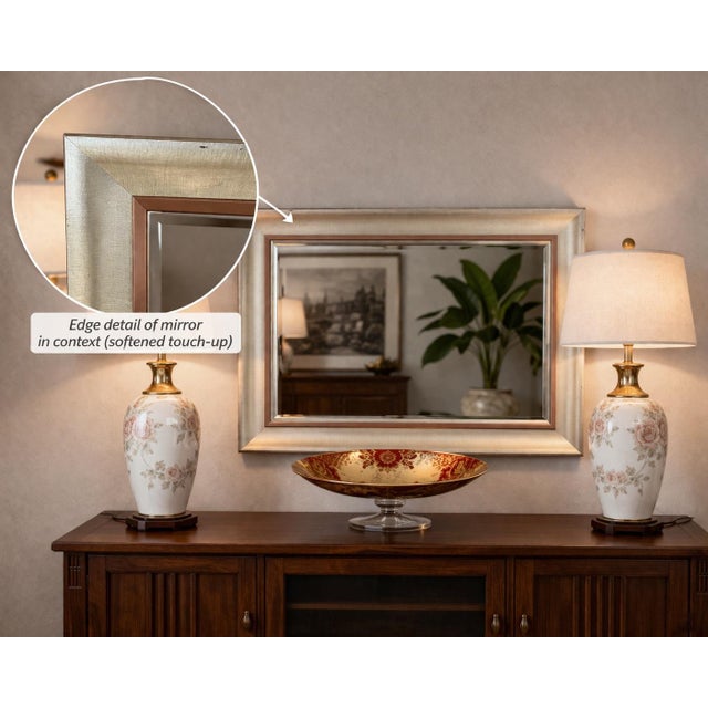 Late 20th Century Late 20th Century Large Transitional Champagne Silver Wall Mirror With Copper-Tone Liner – 40" Console or Dresser Mirror For Sale - Image 5 of 6