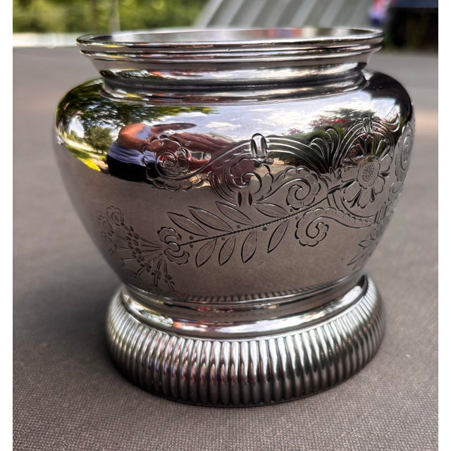 Antique Meriden Britannia Silver Plate Cachepot Engraved Victorian Jardiniere Vase Pattern No. 1952 | Art Nouveau Floral Repoussé | Mirror Finish For Sale - Image 11 of 12
